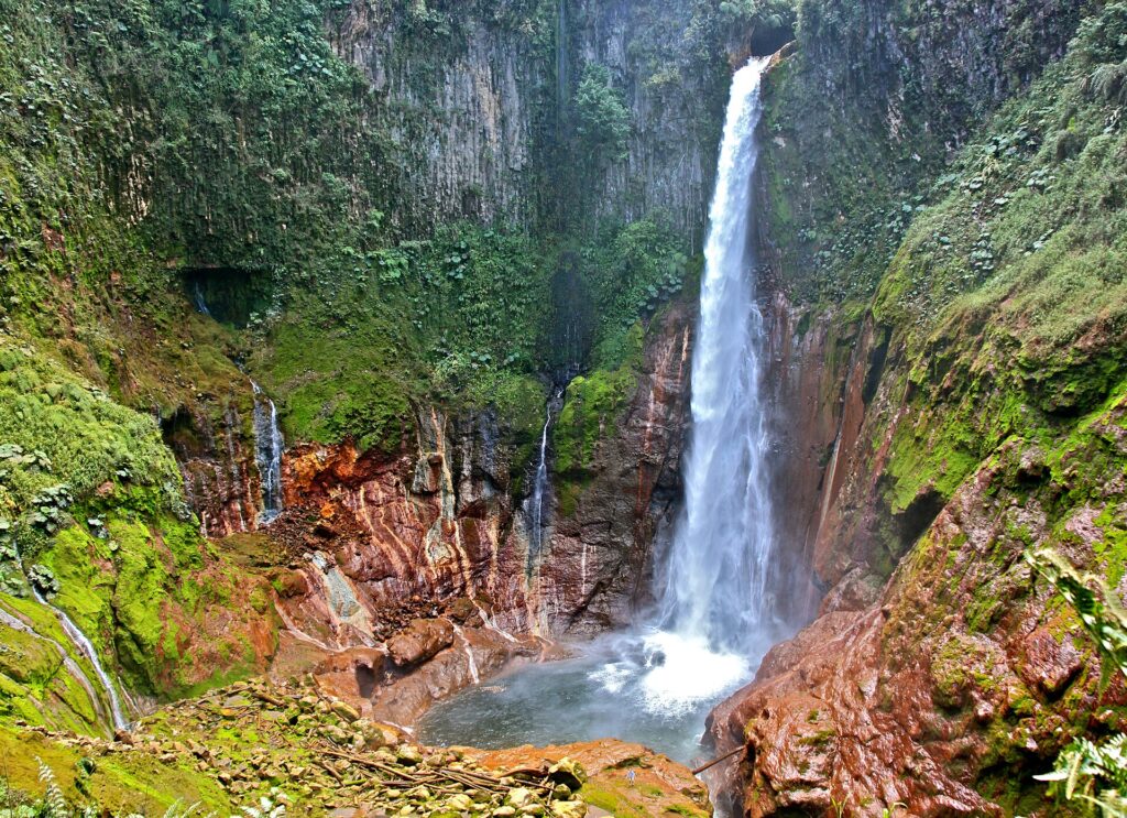 Catarata del Toro dropping into a forested volcanic crater in Bajos del Toro